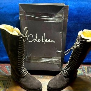 Cole Haan 8.5 Nike Becca Waterproof Tall Lace Up Dark Brown Women Suede Boots.